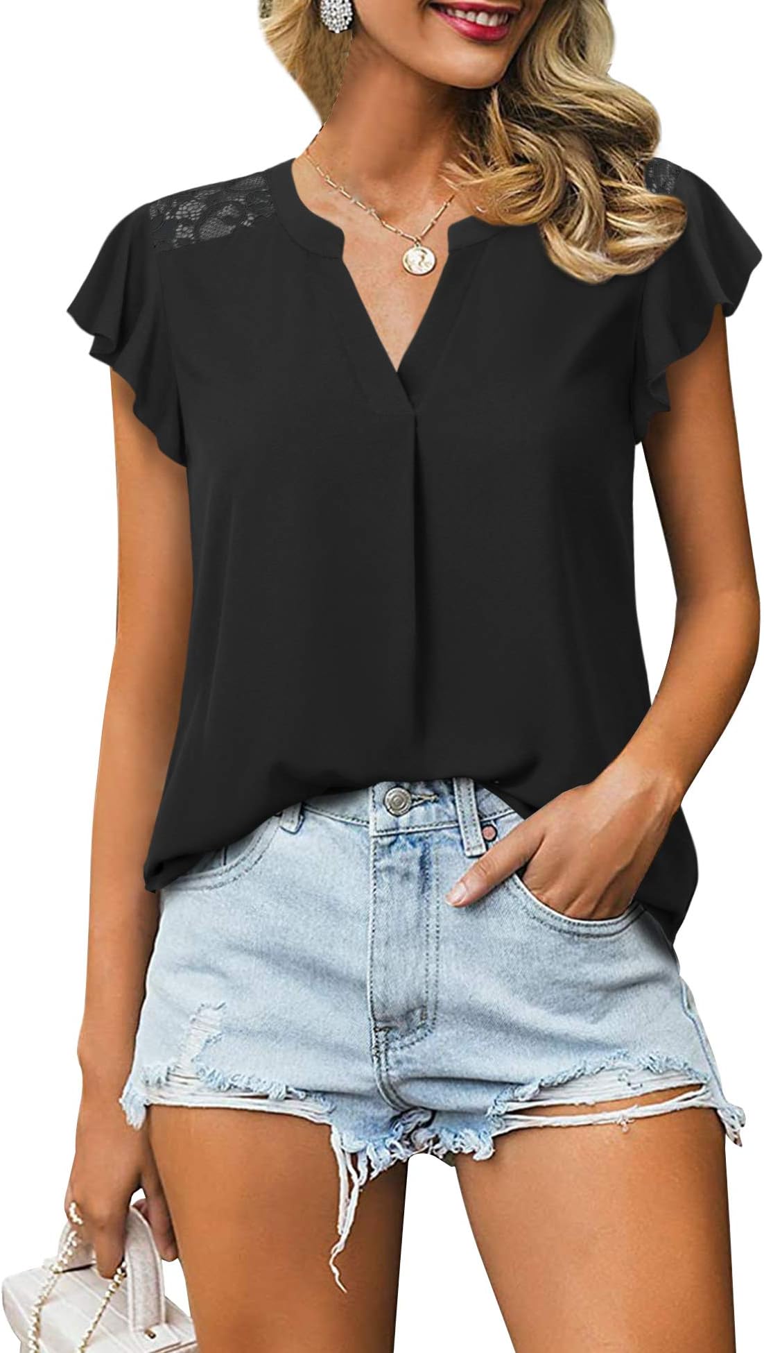 GaharuWomen's Notch V Neck Short Sleeve Chiffon Shirts Casual Lace Blouse Top