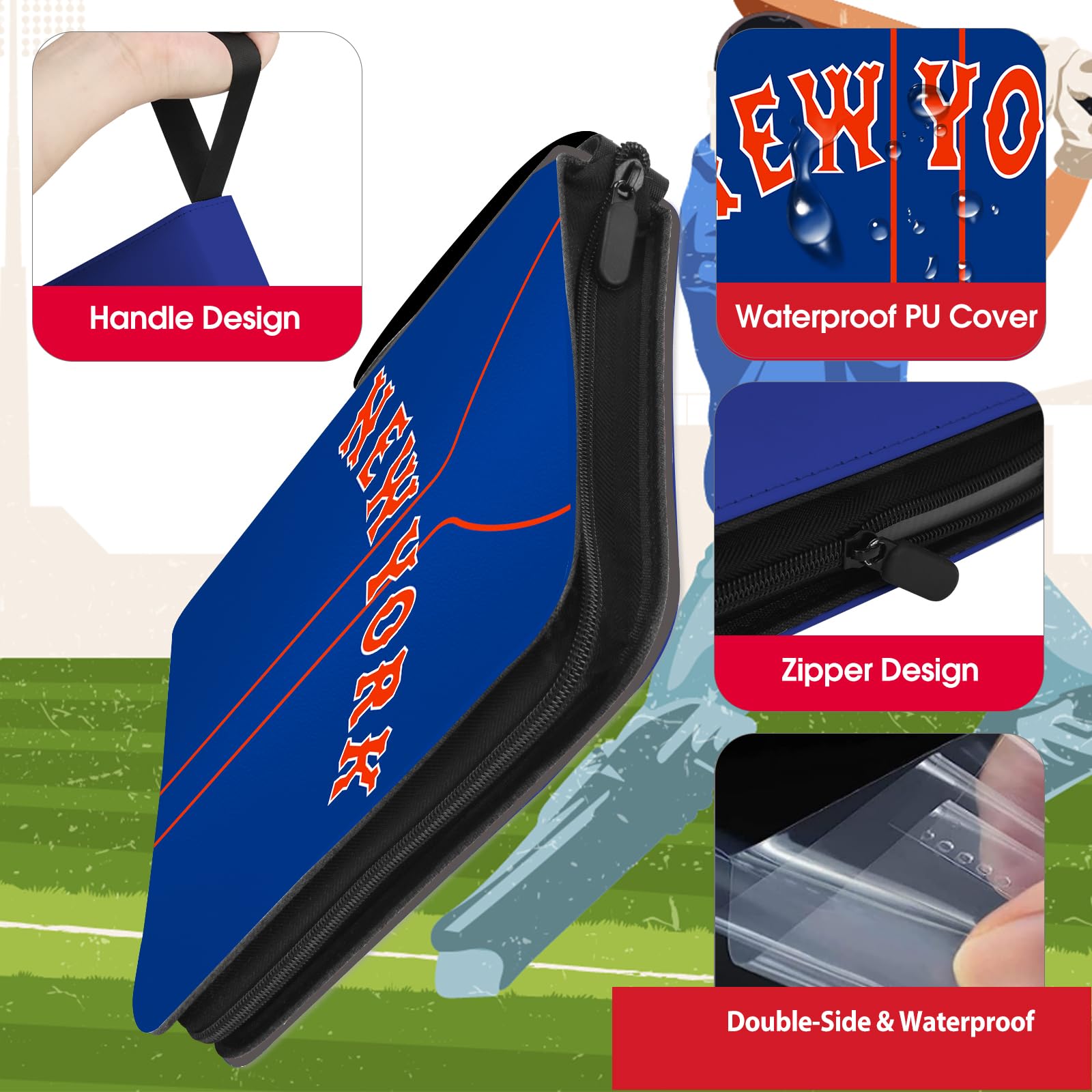 Segregator na karty baseballowe z rękawami 900 kieszeni, New York Blue Baseball kolekcjonerski album kolekcjonerski karty sportowe 3-pierścieniowe segregator przechowywanie książki teczka etui