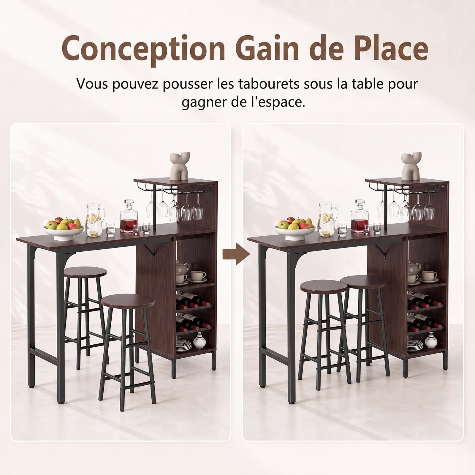 RELAX4LIFE Table Haute avec Tabouret, Mange Debout avec Porte-Verre, Porte-Bouteille, Étagères, Petite Table Bar Industrielle pour Cuisine Bistro Salle à Manger (Café)