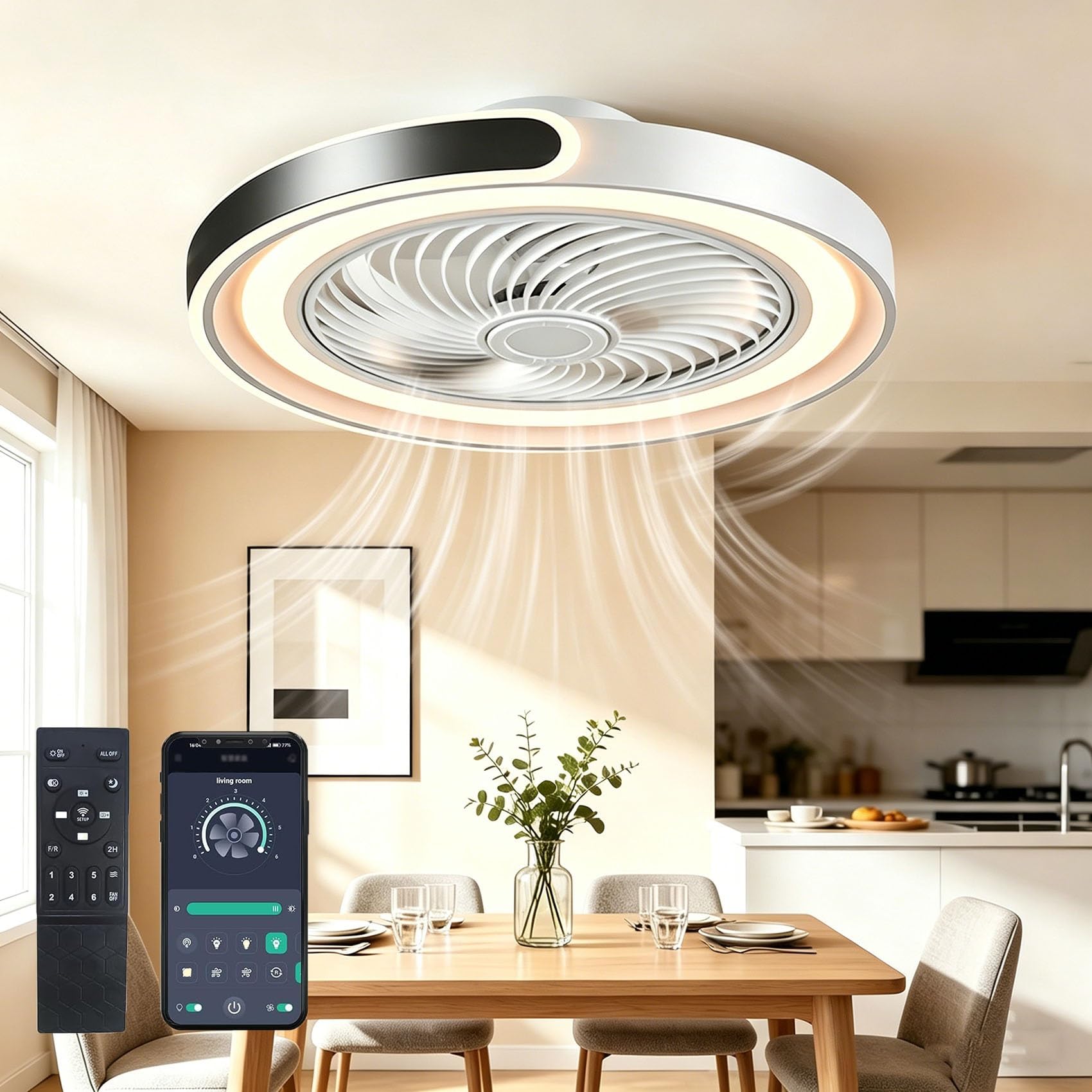Modernité Rond Ventilateur Plafond Silencieux avec Lumiere,50cm Plafonnier Ventilateur LED Dimmable APP,Minuterie,6 Vitesses,pour Salon Chambre Salle à Manger Cuisine lampe(Black)