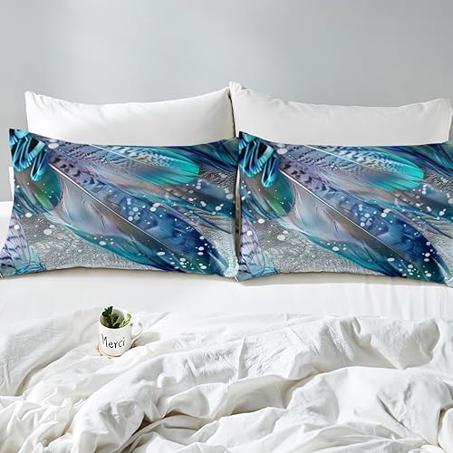 Miniatura 5 de Funda de edredón de plumas para niños, tamaño Queen, juego de ropa de cama colorida occidental con estampado de plumas de pavo real y pájaros, funda