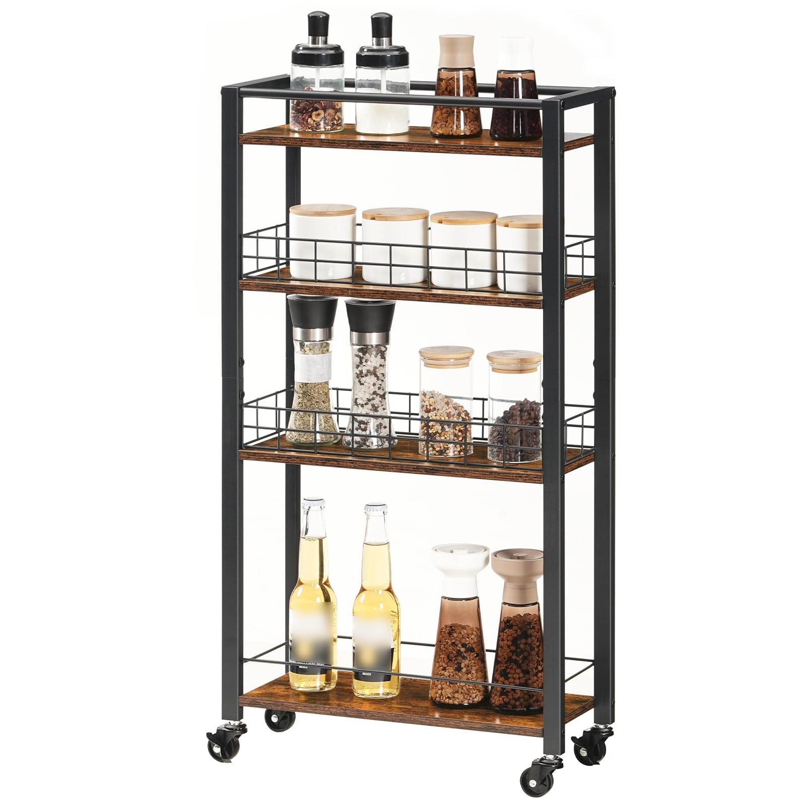 HOOBRO Carrello da Cucina a 4 Ripiani, Carrello di Servizio Stretto e Multifunzione, con Ruote e Cestelli in Rete, per Cucina, Bagno, Sala da Pranzo, Lavanderia, Marrone Vintage e Nero EBF17TC01
