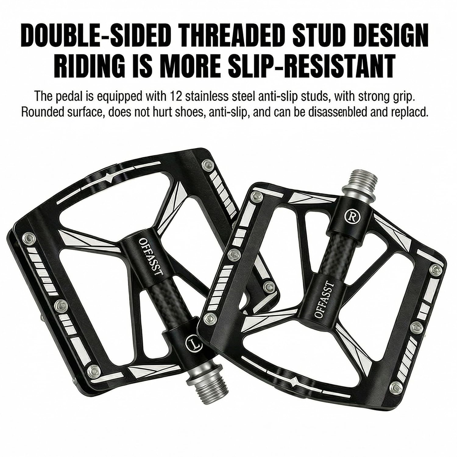 Pedales de bicicleta de montaña de carbono ultralichte 283 g, 3 rodamientos CNC de aluminio con tubo interior de carbono y eje Cr-Mo - 9/16" MTB/Road Bike Plataforma, 6 pines de acero
