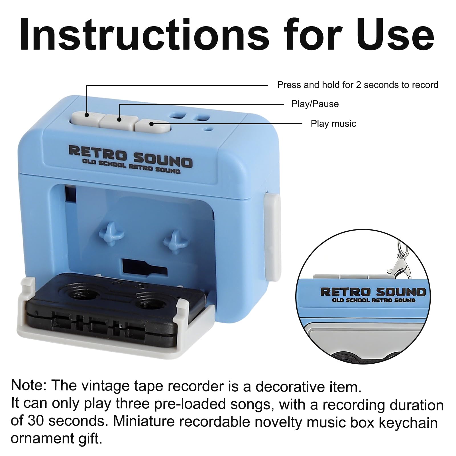 TNSLAND 2 Piezas Mini Grabadora Cassette Llavero Retro, Llavero con Mensaje de Voz 30 Segundos, 3 Canciones Integradas, Objeto Decorativo Años 80, Regalo Romántico para Pareja, Amantes de la Música — view 3
