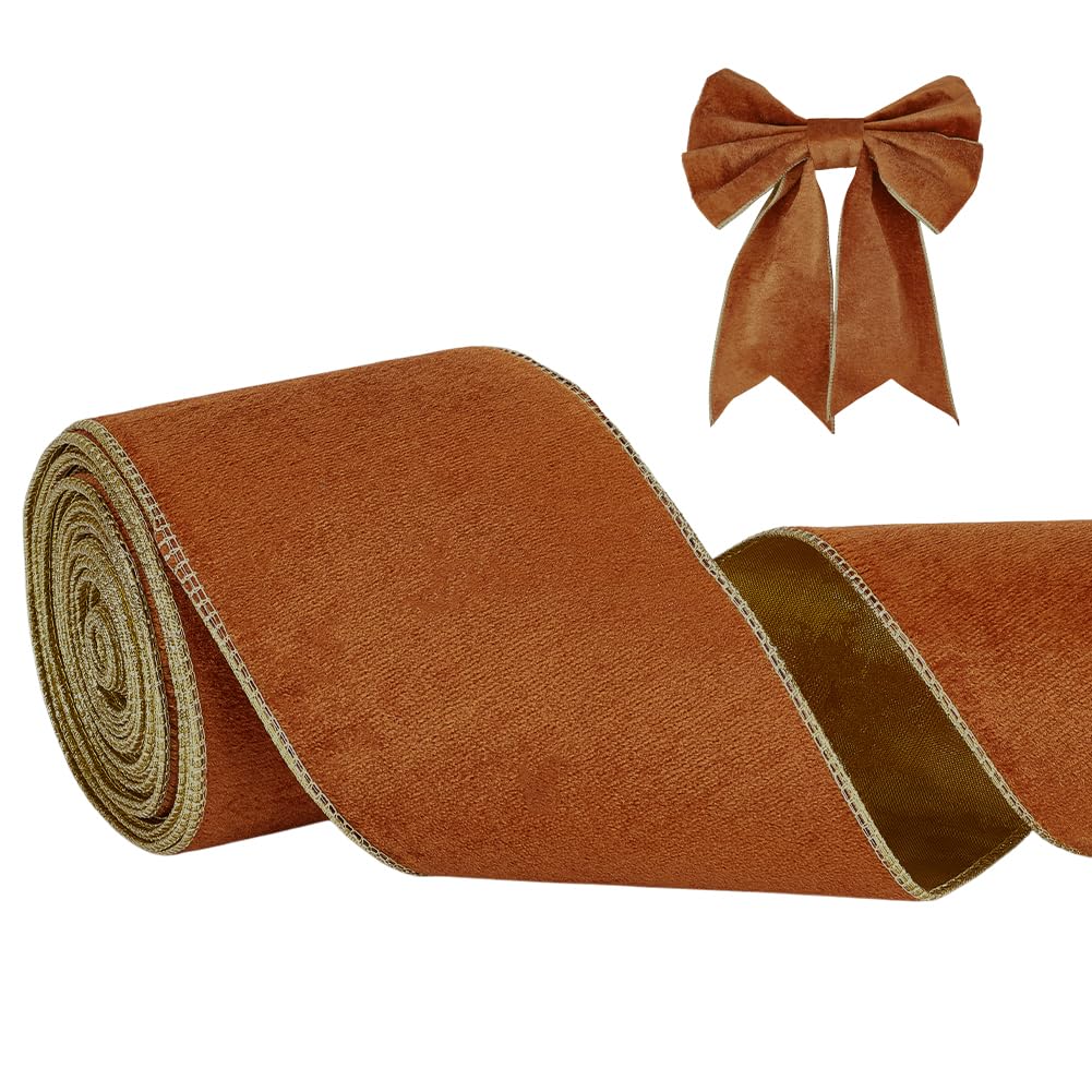 PH PandaHall 4 inch Wide Velvet Ribbon, 10 Yards Brown & Golden Velvet Wired Ribbon Double Sided Vintage Ribbons with Gold Edge for Christmas Tree Wreaths Gift Wrapping Bridal Bouquets DIY Crafts