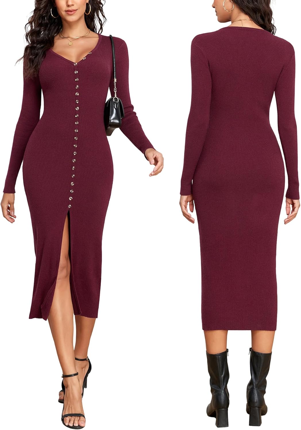 Capuffy Women's Button Down Sweater Maxi Dress Long Sleeve Open Front Long Cardigan Dress V Neck Fall Knit Bodycon Dresses 88