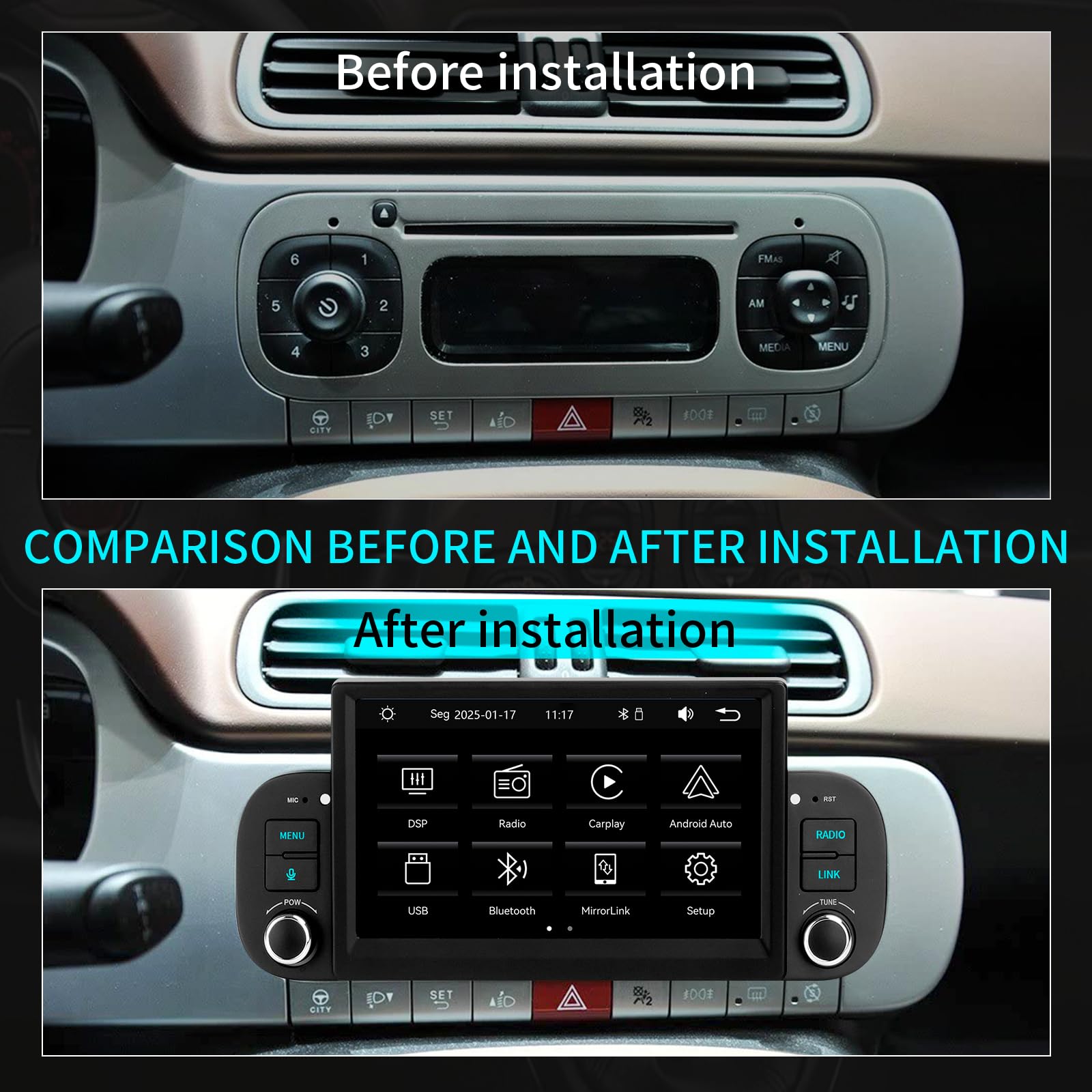 Autoradio con Sistema Linux e schermo IPS da 7 pollici, compatibile con Fiat Panda (2013-2020) | CarPlay & Android Auto wireless integrati | Supporta AM/FM/RDS | Con DSP/USB/Bluetooth/Microfono