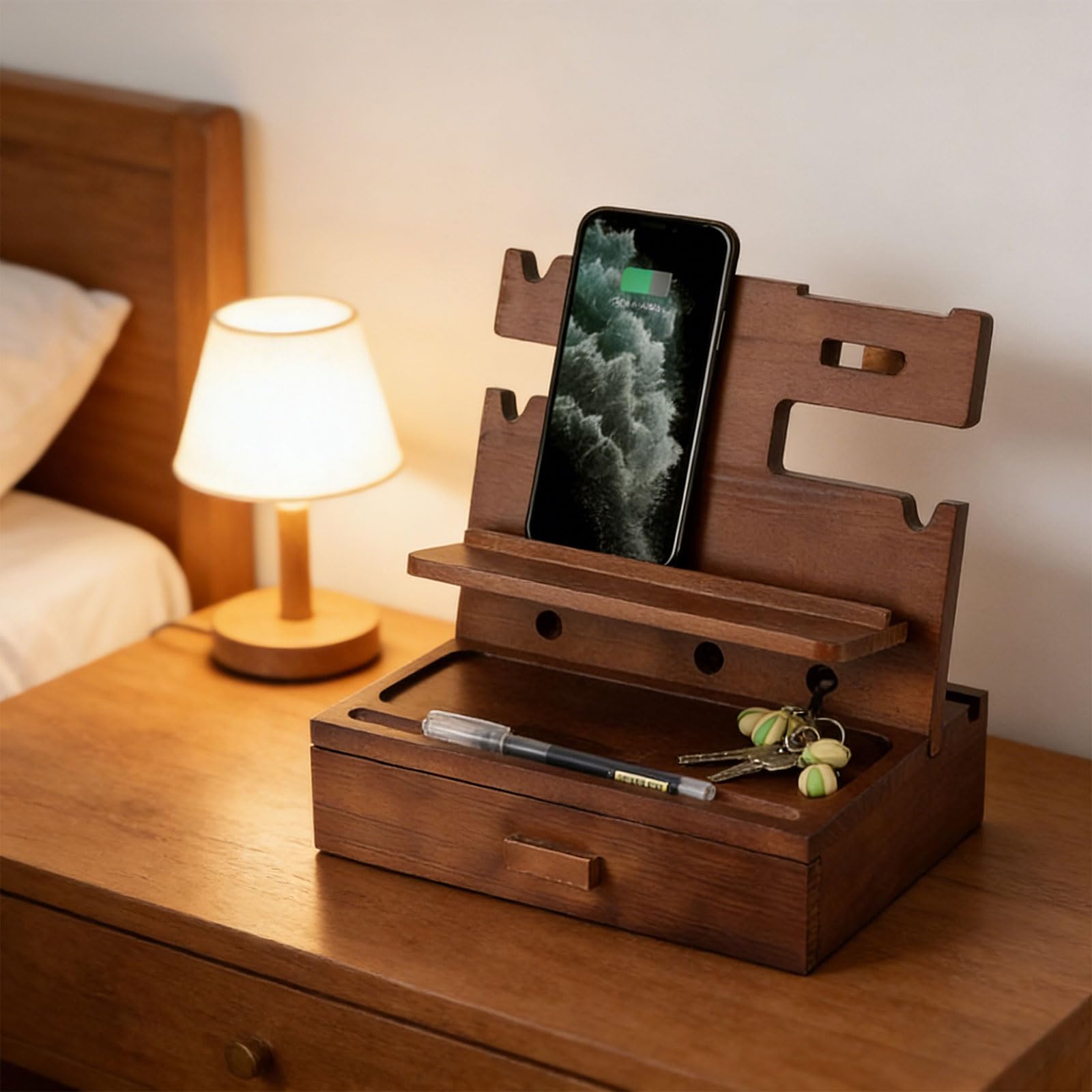 Supporto per telefono e scrivania in legno per diversi dispositivi, adatto per la maggior parte delle dimensioni dello schermo, in legno naturale