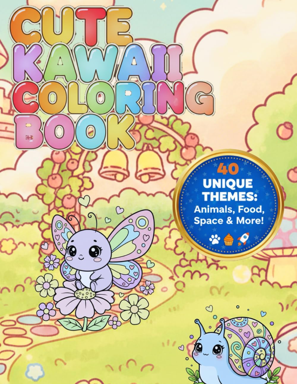 Cute Kawaii Stuff Coloring Book: 40 Easy & Adorable Designs of Animals, Foods, Space, Vehicles and More for Kids and Beginners: 40 UNIQUE THEMES