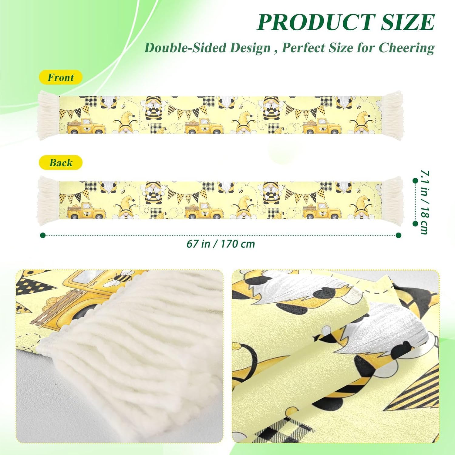 CHIFIGNO Cute Gnomes Bees Yellow Sports Fan Scarf for Soccer Games, 100% Polyester Sweat Towel Wrap with Fringe Ends, Quick Dry Cheering Banner