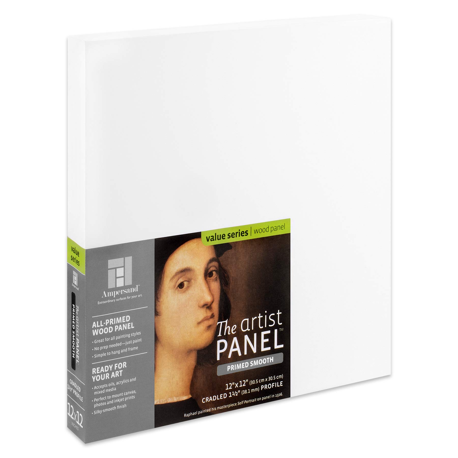 Ampersand Art Supply 1-1/2" Cradled Profile Wood Gesso Artist Painting Panel: Primed Smooth, 12" X 12",
