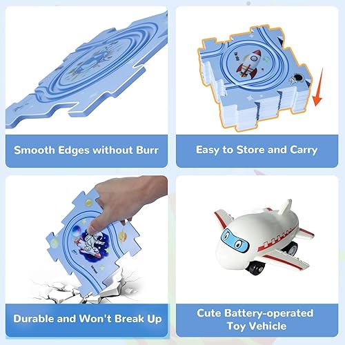 Miniatura 18 de Rompecabezas de piso de plástico para niños con 2 vehículos lindos, juego de pistas de autos para niños, juguetes Montessori para niños de 3, 4, 5
