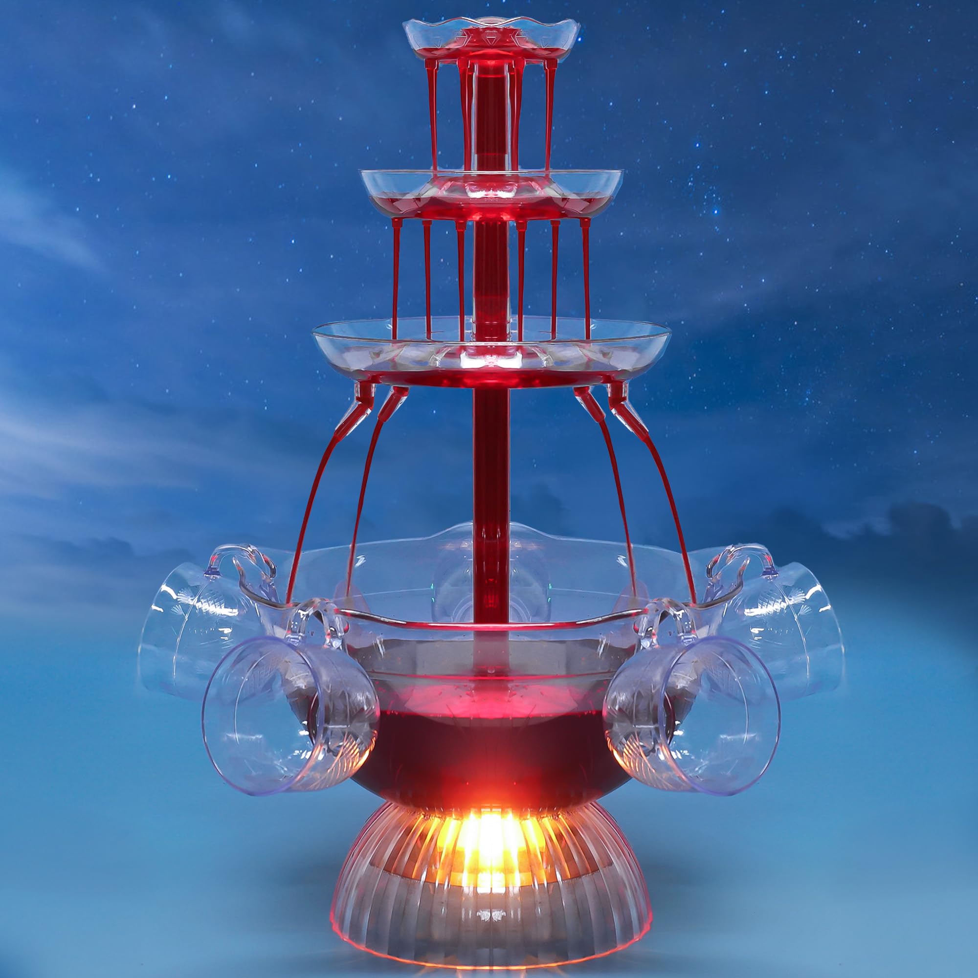 Fontaine à Vin Rouge 3 Niveaux Électrique avec 5 Tasses et Éclairage LED pour Fêtes