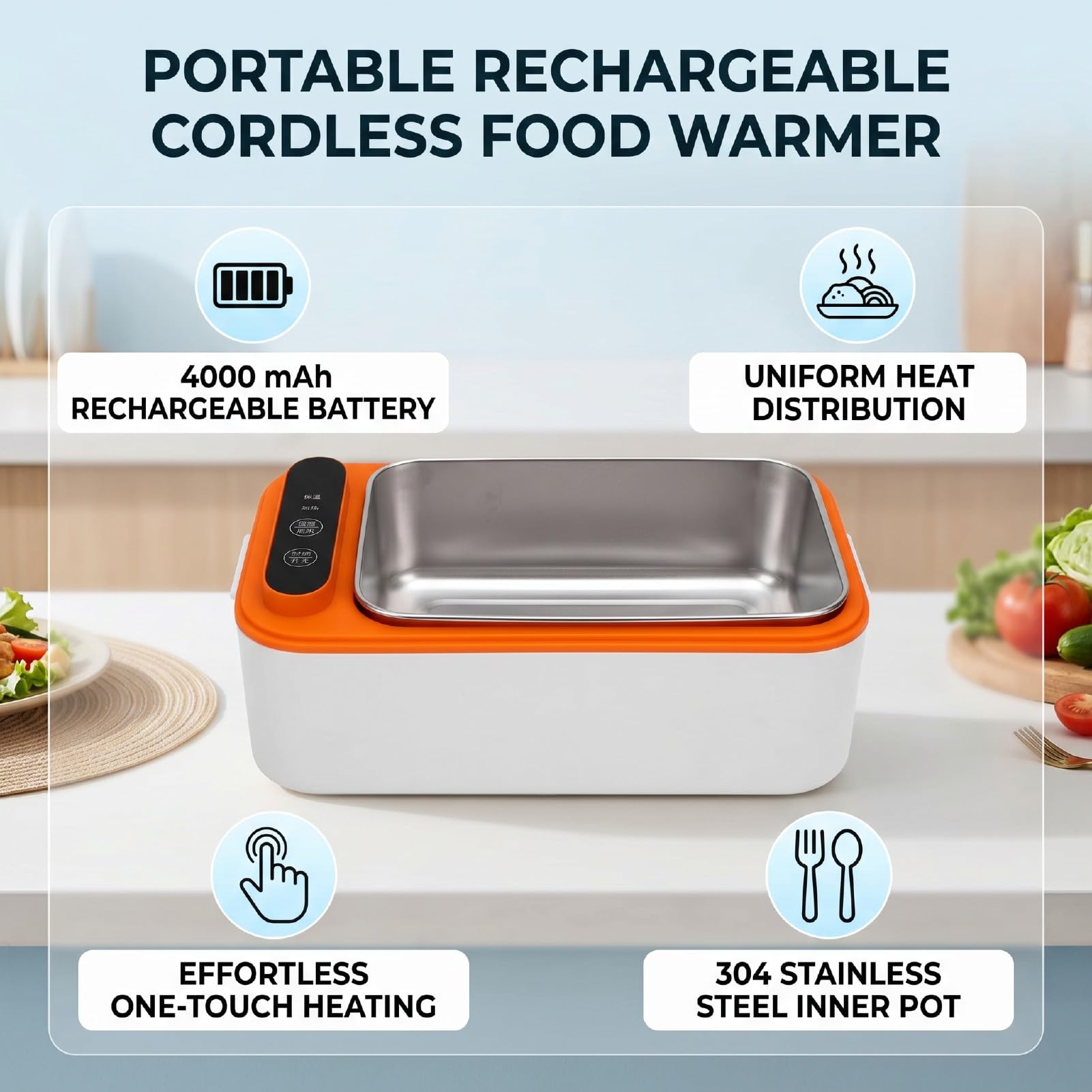 Portavivande Elettrico 24x12,5CM per Lavoratori Ufficio Studenti Scuola Partecipanti Picnic Riscaldamento Un Tasto 40W Mantiene Cibo Caldo Design Senza Fili Ricaricabile