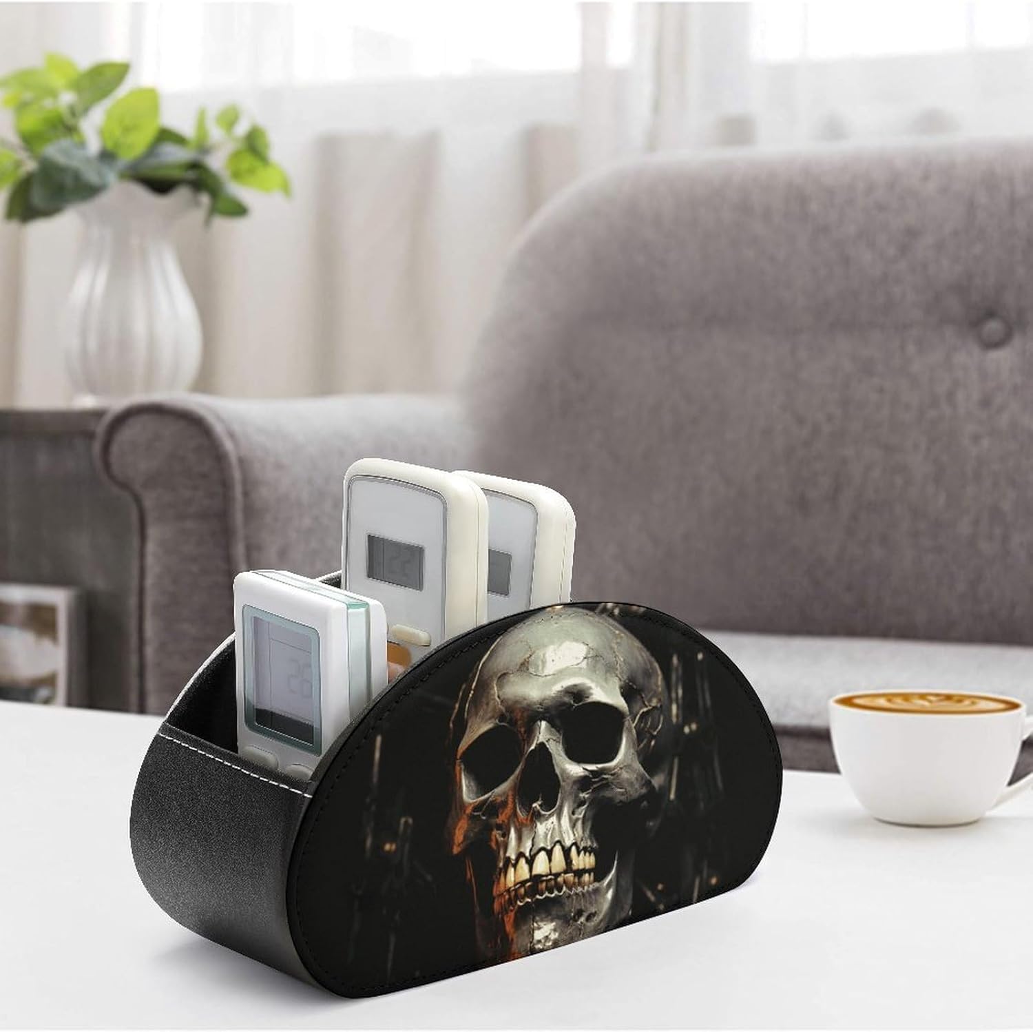 Remote Control Holder PU Leather Remote Caddy with 5 Compartment TV Remote Holder Eerie Scary Skull Remote Box Remote Control Organizer Pen Holder for Desktop Organizers