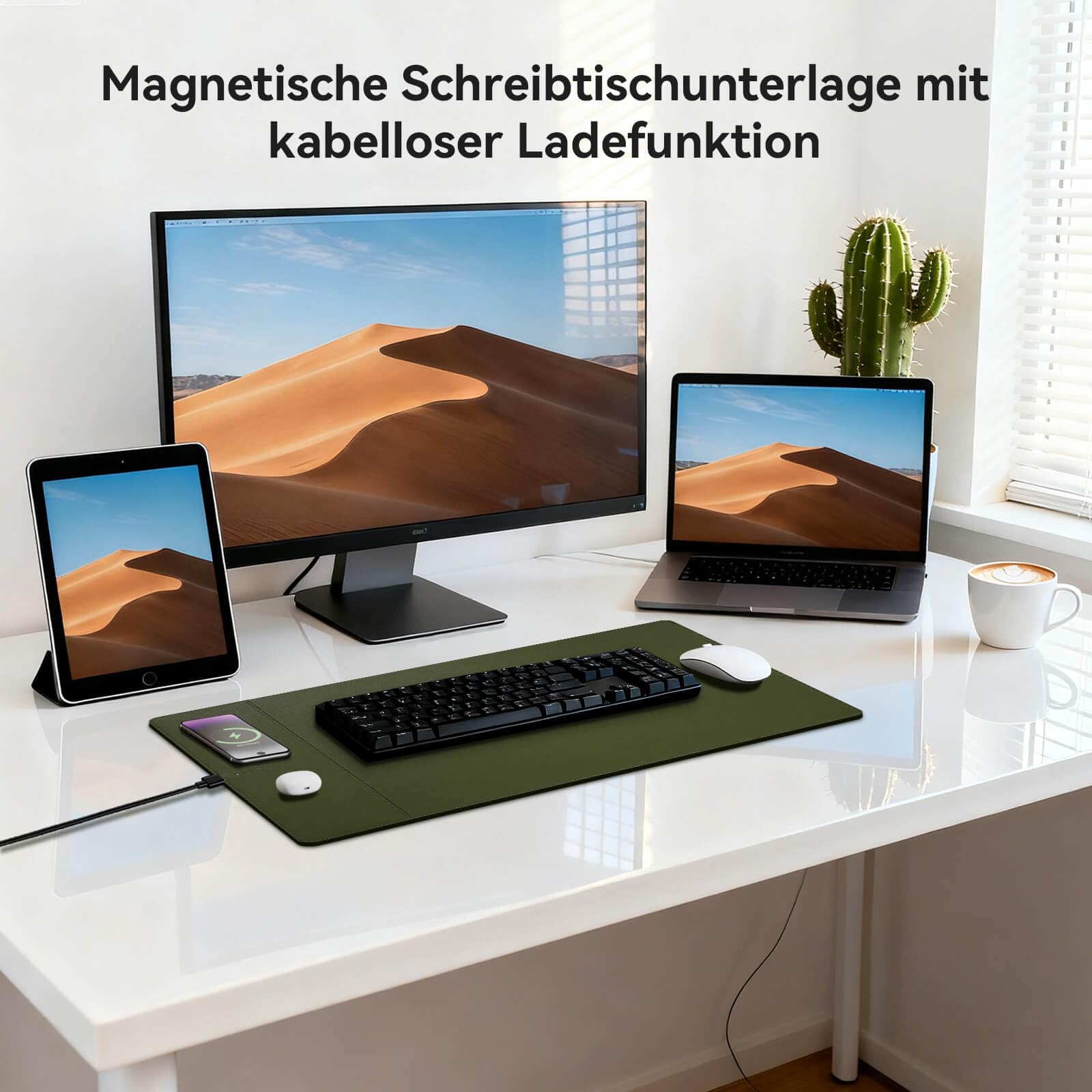 Tappetino per mouse di ricarica wireless con funzione di ricarica rapida da 15 W, magnetico, dimensioni 60 x 40 cm (23,4" x 15,6") con superficie ultra liscia, colore: grigio verde per MacBook, PC e