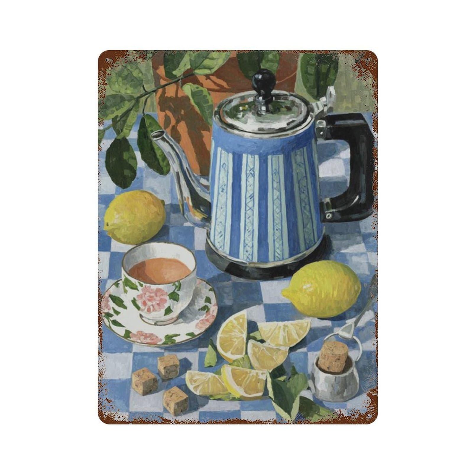 xiaoxiaoshen Blue Teapot And Lemons Kitchen Still Life Mediterranean Table Wall Decor Art Metal Tin Poster Modern Home Decor Art Home Bar Shop Decorations Vintage Sign 40x30cm
