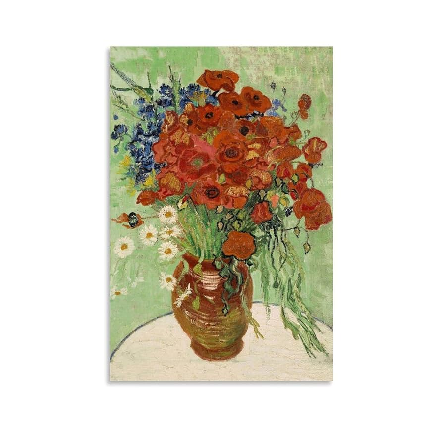 手書き油絵 ゴッホ 赤いヒナゲシとヒナギク 額付 絵画