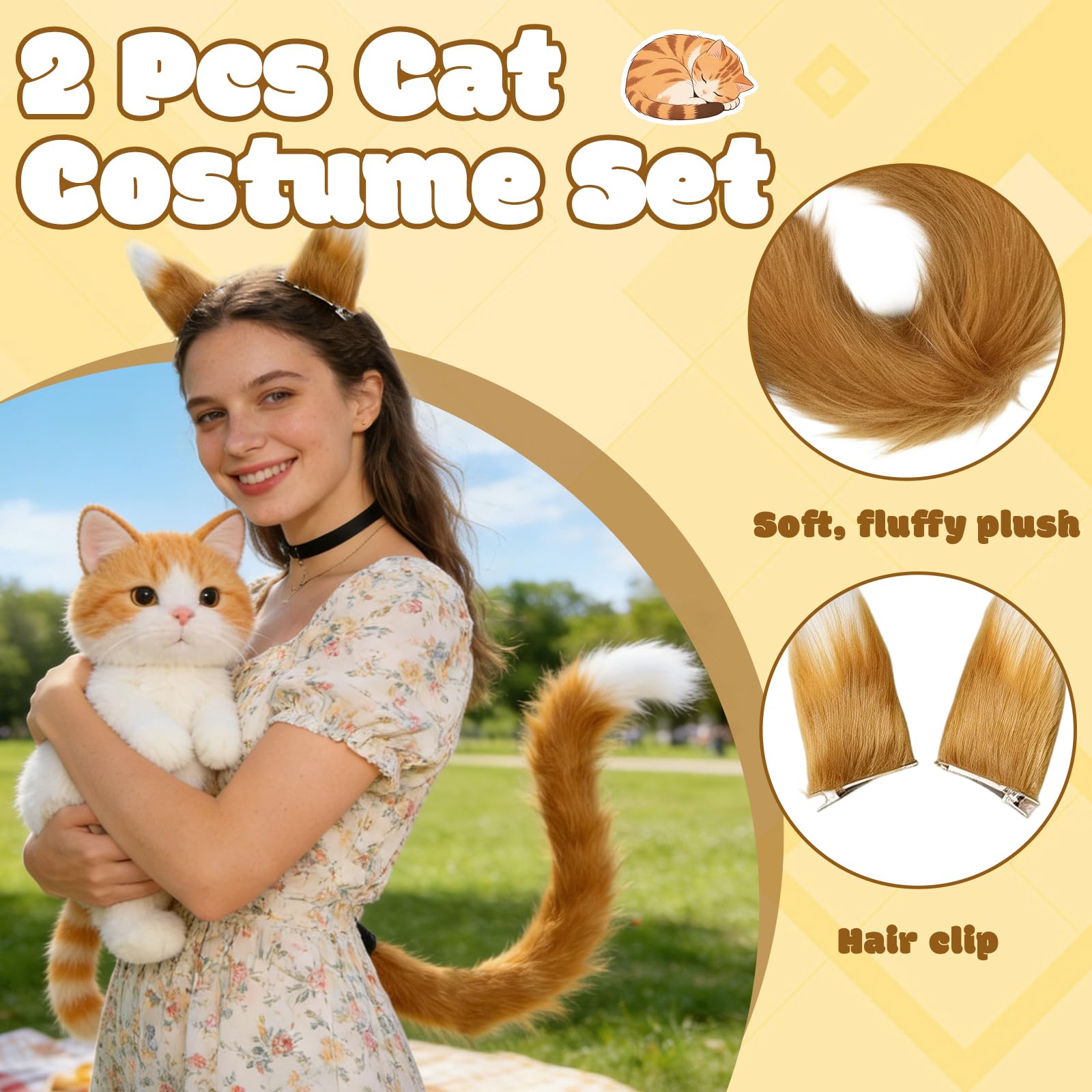 2 pezzi peluche coda di animali con lunga coda di gatto, bianco cammello