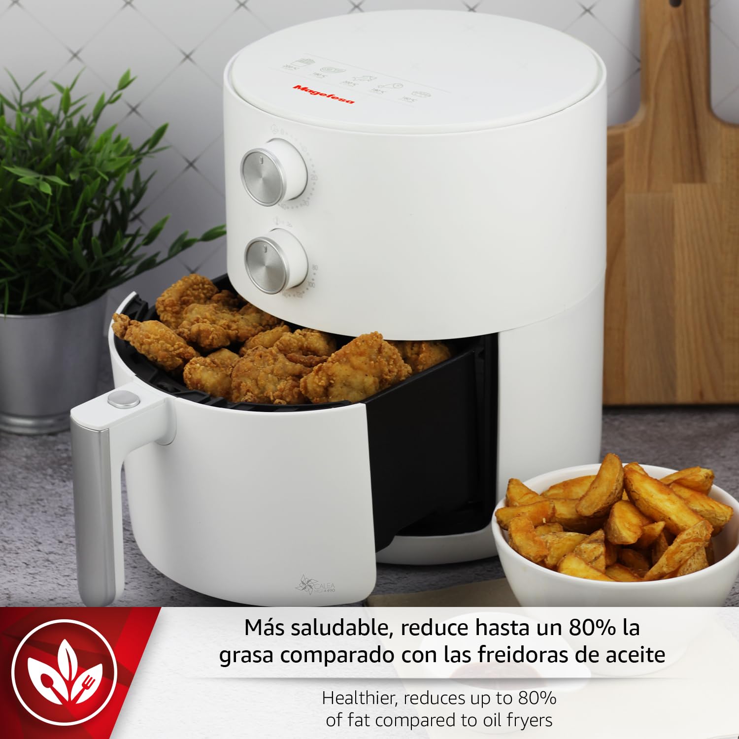 Magefesa Calea - Freidora de Aire Blanca de 3L, 1500W, Control de Temperatura, Multifunción, Cocina Sana, Base Antideslizante, Libre de BPA