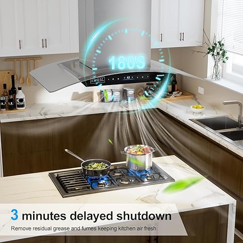 Miniatura 8 de BRANO Campana extractora de isla de 36 pulgadas, 900 CFM de vozgestoscontrol táctil con ventilador de escape de 4 velocidades, 4 luces LED, modo de
