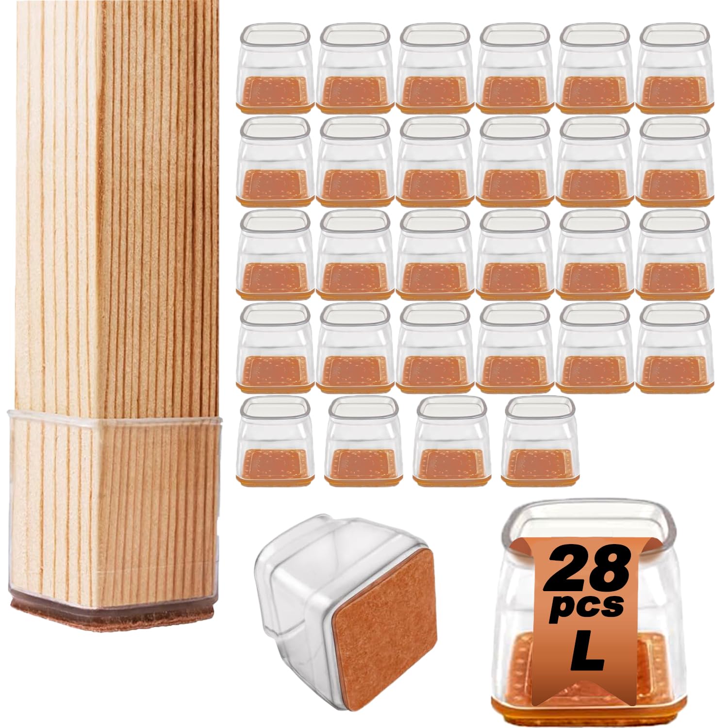 28 Pezzi Feltrini per Sedie Quadrati, Gommini in Silicone con Feltro, Proteggi Gambe per Mobili 30-40mm, Elastiche Protezione, Antigraffio(Grande)