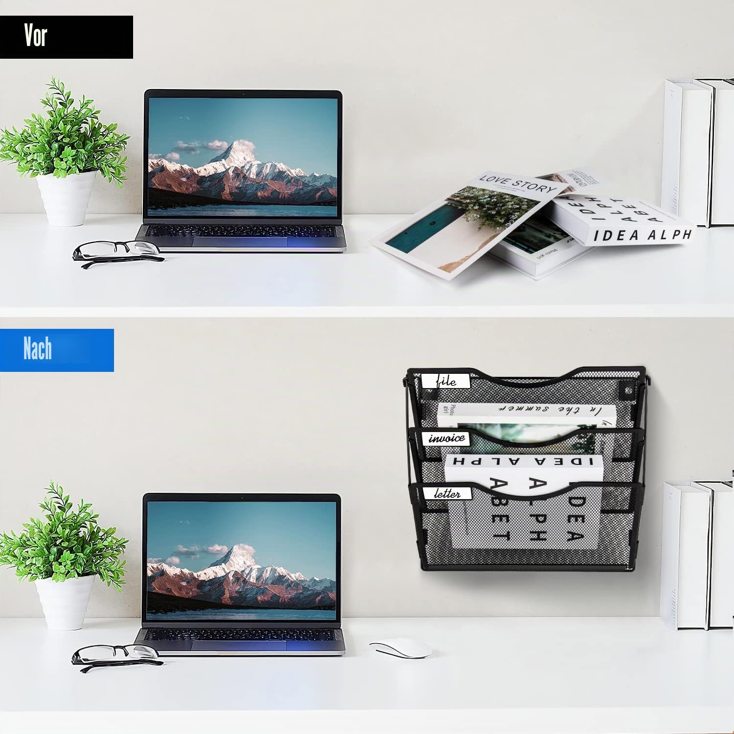 BOHDK Wandordner, 3 Taschen, Hängeregistratur-Organizer, faltbarer Netz-Aktenordner mit Beschriftungsfeld, 2 Haken, Wandhalterung und Türaufhängung für Büro und Zuhause