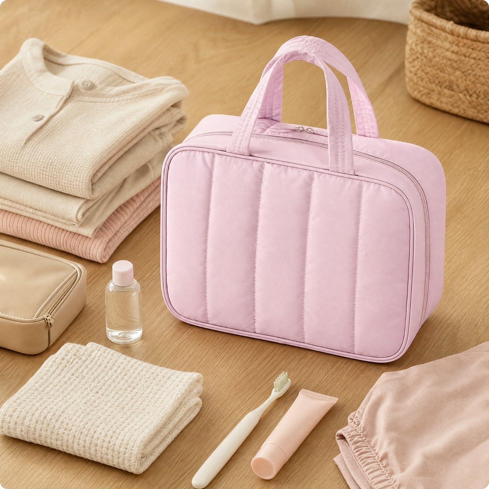 Neceser Colgan Poliésr Portátil Bolsa Aseo Colgan con Gancho Ligero Neceser Viaje para Baños, Beige