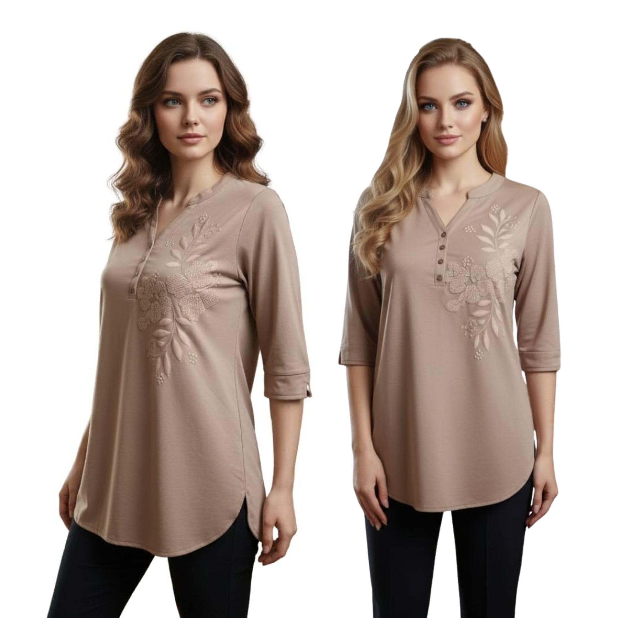 V Neck PLACKETT Emboss Print Kurti/Tunic Style Tshirt/TOP for Women-image-13