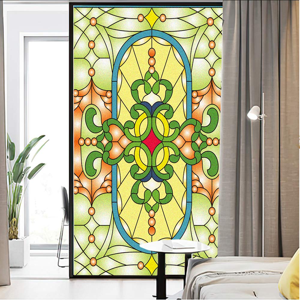 J4U Privacy Window Film Church Style Stained Glass Decorative Window Sticker No Glue Static Window Cling UV Blocked Window Decals Window Covering for Home 23.6"x35.4"(60x90cm)
