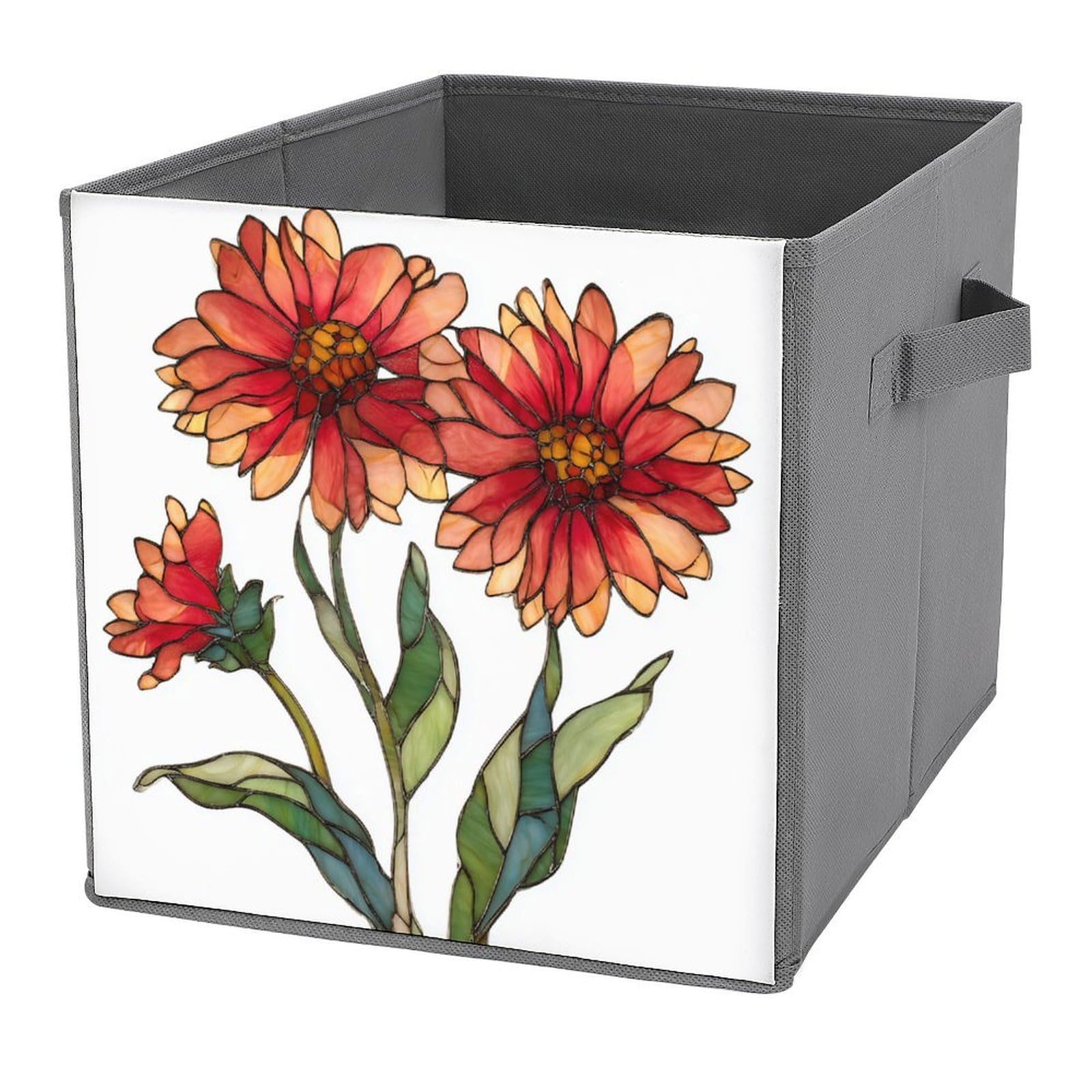 Jubonexis Stained Glass 3 Red Wildflower Cube Storage Bins Storage Cubes Foldable Decorative Fabric Storage Baskets Home Organizers with Handles for Shelves,Closet, 27x27 CM