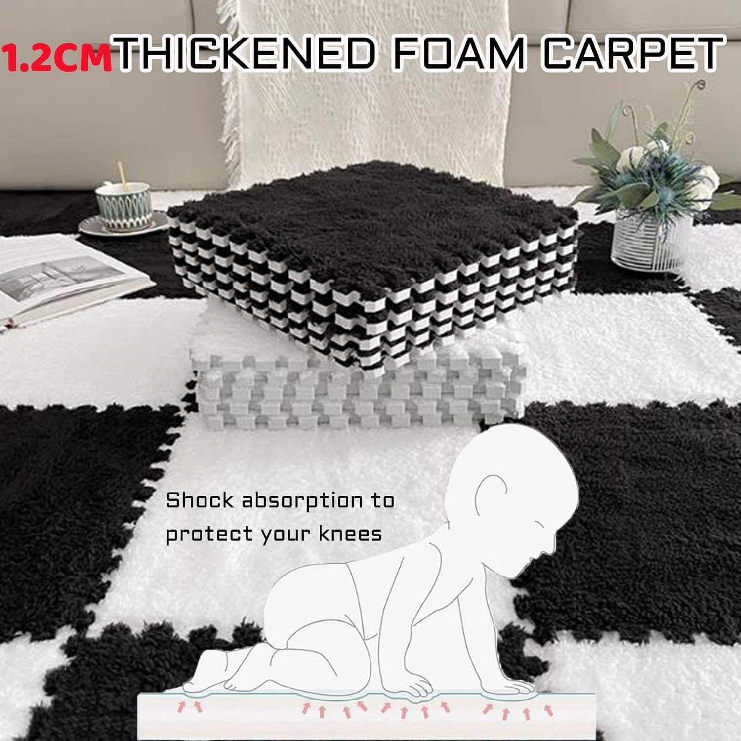 9pcs Interlocking Floor Mat with Edgings, 30x30x1cm Thickened Square Foam Tiles, Plush Foam Puzzle Playmat, DIY Install Tiles Mat for Floor(White+Pink+Purple)