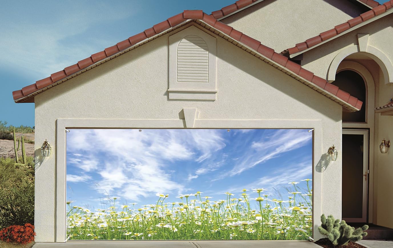 7x16ft Beautiful White Daisy Flower Garden Garage Door Decor Clear Blue Sky White Clouds Spring Grassland Landscape Garage Door Cover for Outdoor Excursions Bridal Show