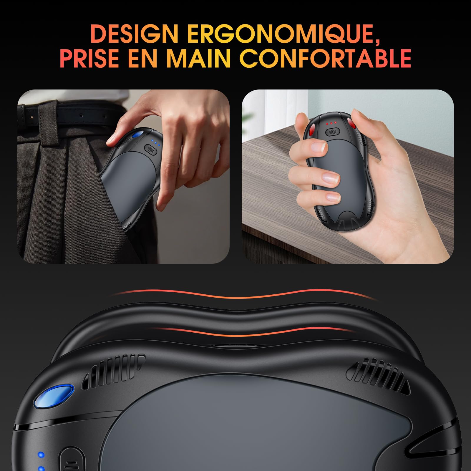 Chauffe Main Électrique mit 10000mAh, Chauffage Double Face Magnétique 2PCS, USB Rechargeable Chauffe-Main, 3 Niveaux de Température, Cadeaux d'hiver pour Plein Air/Camping/Noël (Noir Gris)