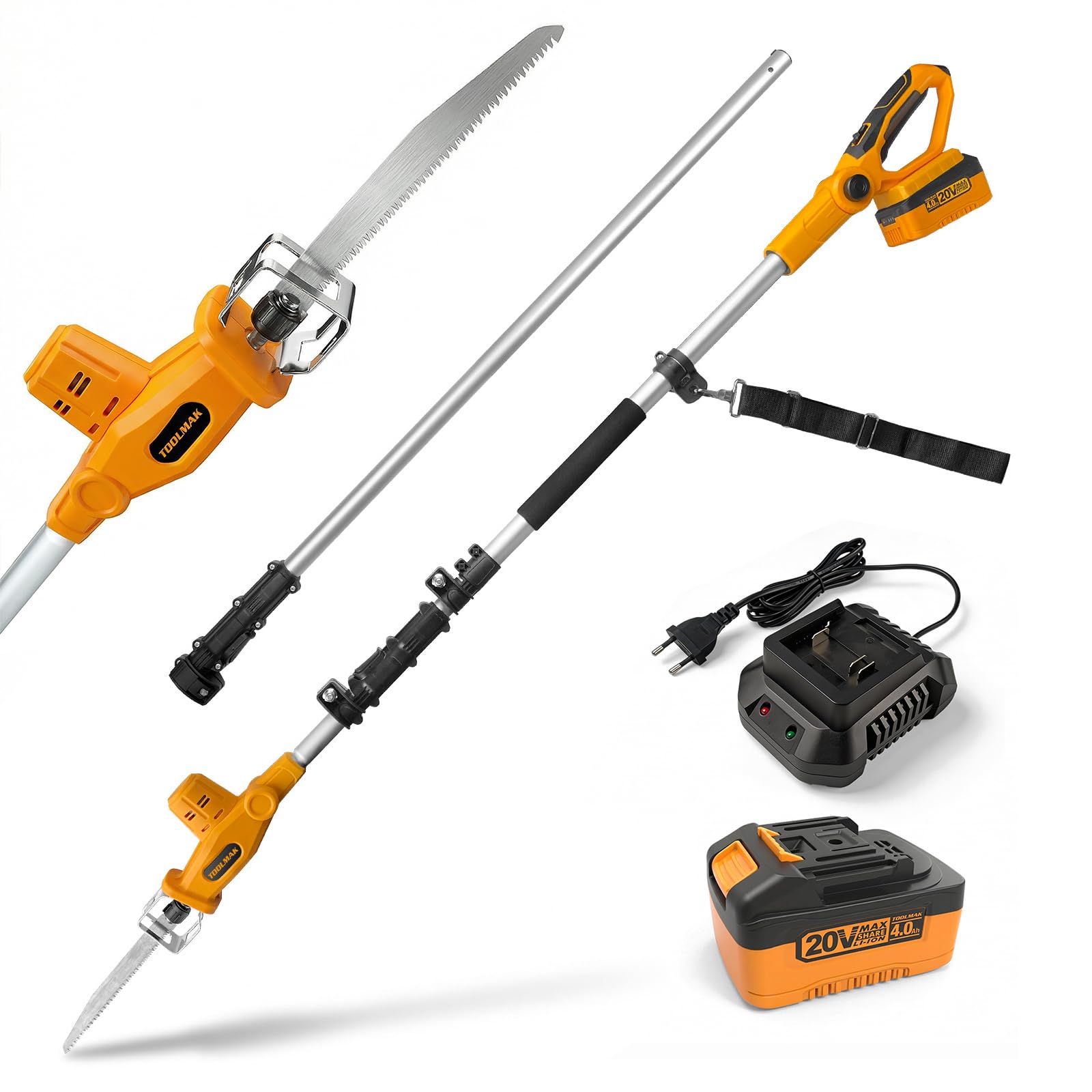 TOOLMAK Motosega a Batteria 20V 4,0Ah con Asta Telescopica 3m da Giardino | Sega Elettrica per Alberi e Rami, Lama 210 mm, seghetto per potatura(1 Batteria)