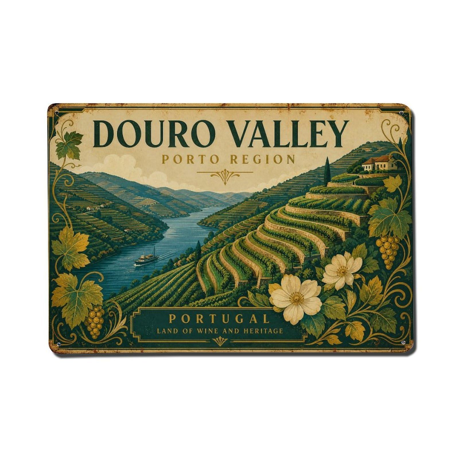 Vintage Travel Douro Valley Terraced Slopes Green Hillsides Metal Tin Sign