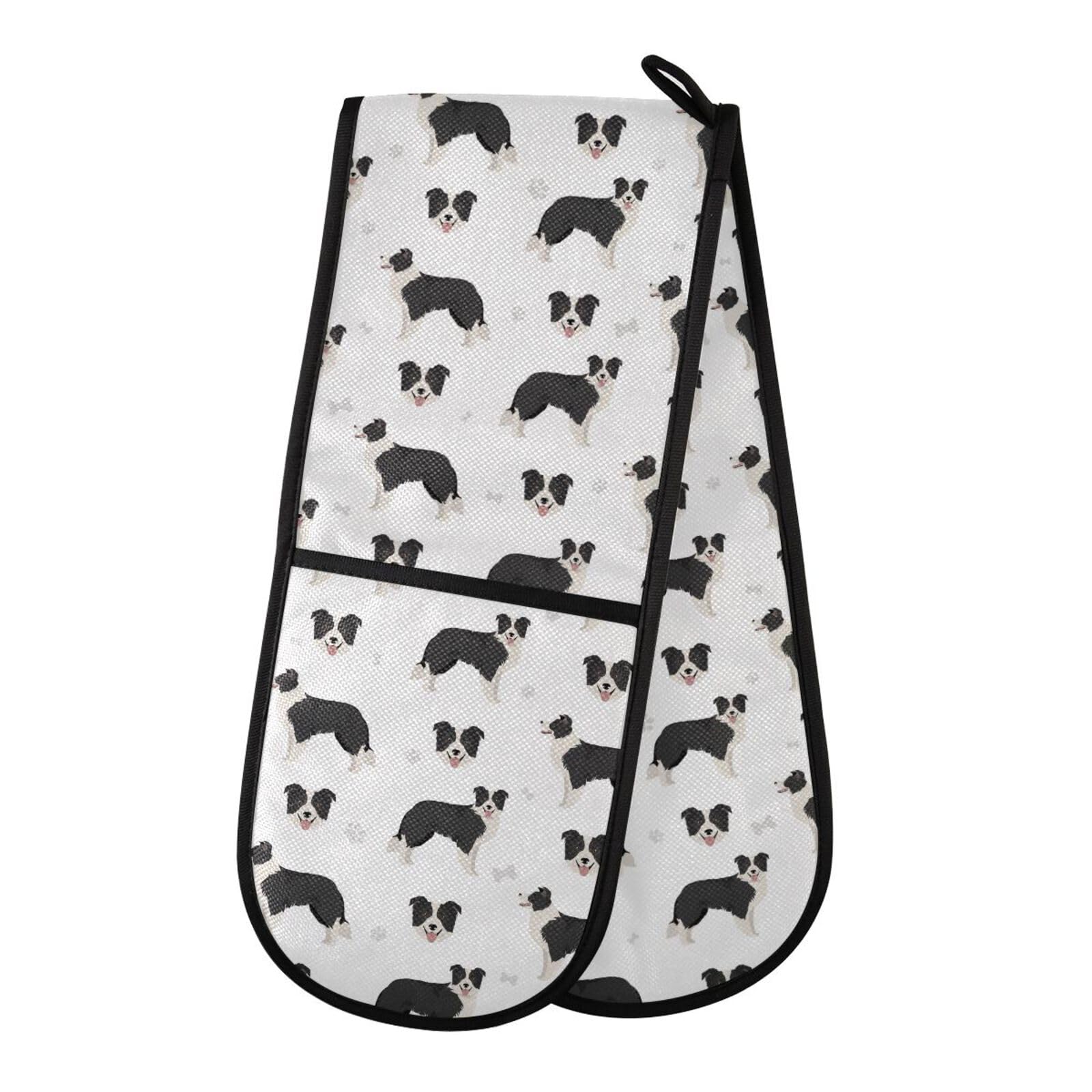 Double Oven Gloves Border Collie Dog Heat Resistant Pot Holder Oven Mitt Gloves for BBQ Cooking Baking Grilling Microwave