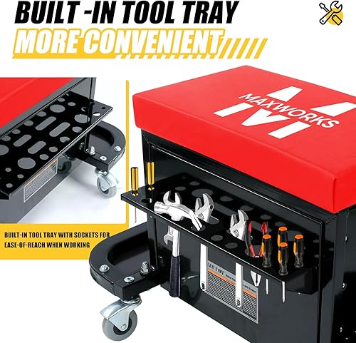 Miniatura 11 de MaxWorks 50875 Mechanics - Asiento de rodillo, capacidad de 250 libras, taburete de taller acolchado con bandeja de herramientas de almacenamiento