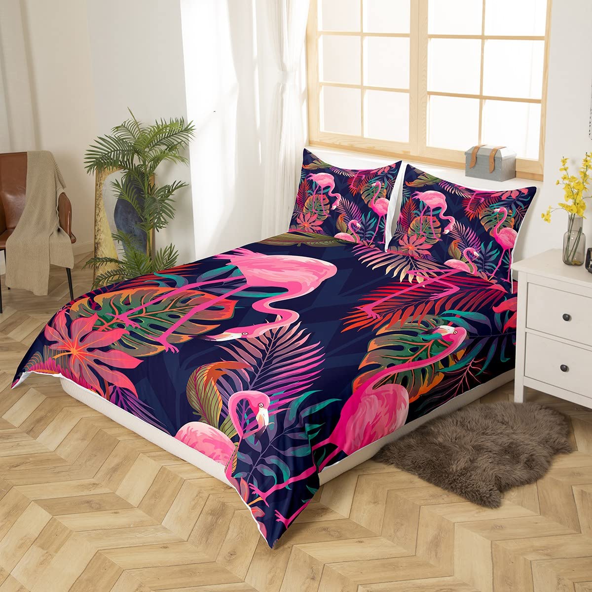 Couple Flamingo Brown Leaf Bird Duvet Cover Set Single Bird Colorful Bedding Set Ultra Soft Microfiber Double Animals Theme Reversible Bedding Exotic Style Decor Comforter Cover 2pcs Bedding Set - Image 4