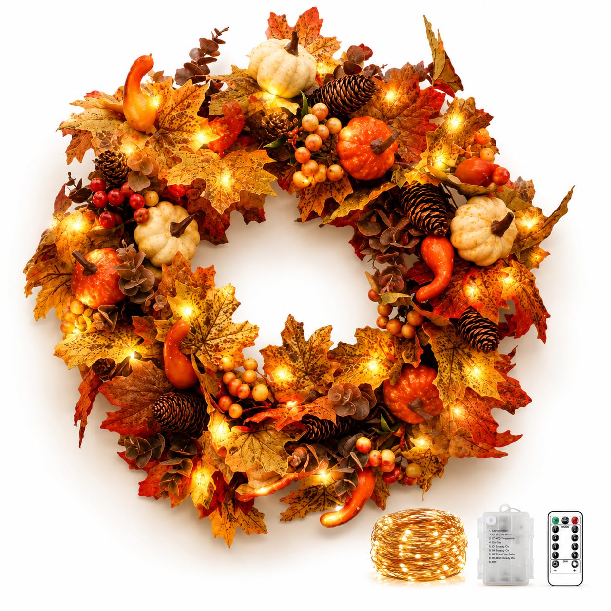 50cm Autumn Door Wreath, Artificial Autumn Maple Leaf Wreath for Front Door and Indoor Christmas Large Harvest Wreath Decorations with Pumpkin and Berry for Halloween, Thanksgiving (With LED Light)