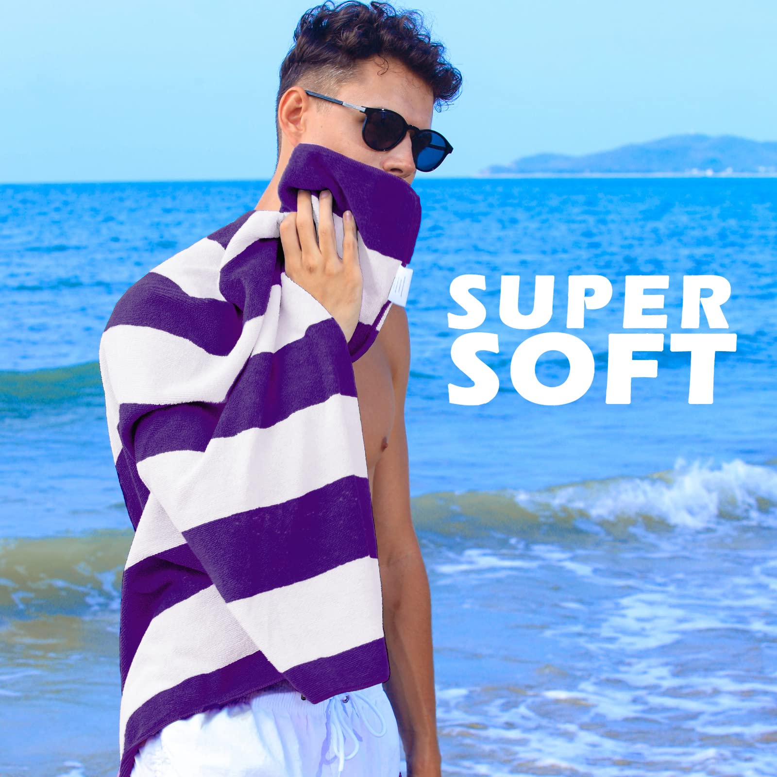 Exclusivo Mezcla 4-Pack Large Microfiber Beach Towels Set (Purple, 30" x 60"), Quick Dry, Cabana Striped Pool/Swimming/Bath Towel for Adults/Kids, Lightweight and Highly Absorbent