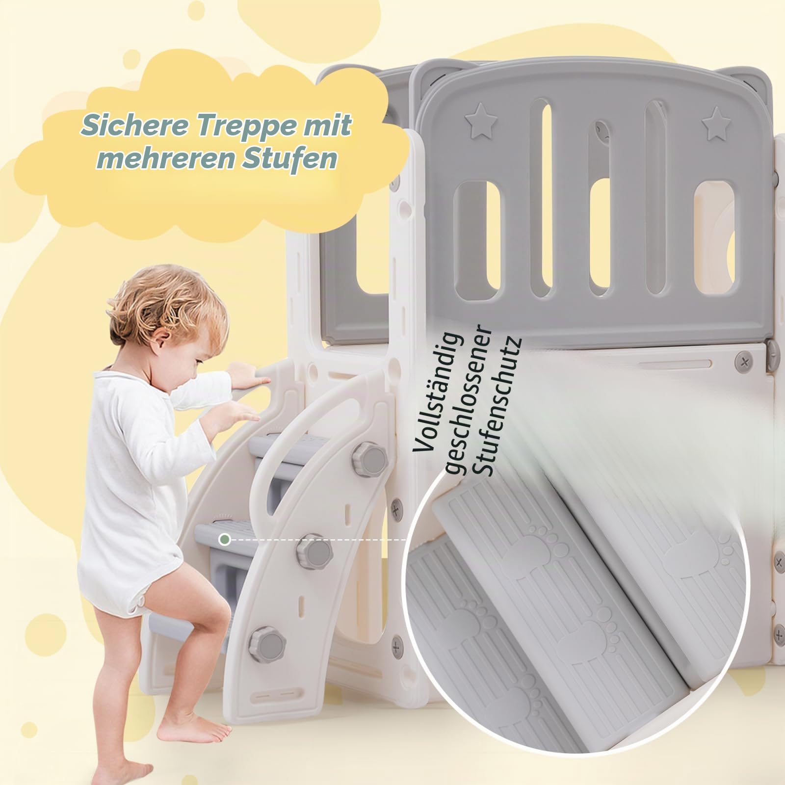 Rutsche und Schaukel für Kinder, 7-in-1Kinder Spielplatz mit Rutsche, Schaukel, Basketballkorb, Klettern,Treppe, Bohrspiel und Stauraum - Rutsche Set für Kindergeschenk