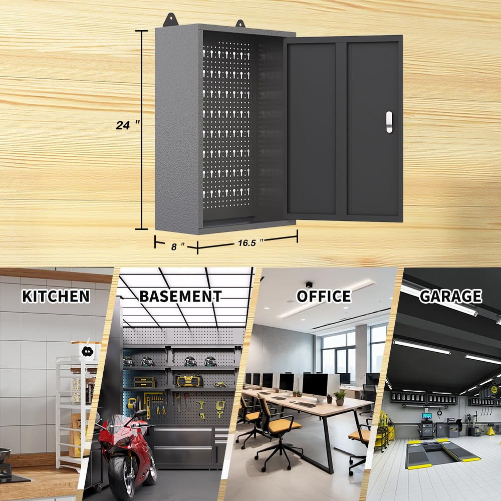JZD Wandschrank aus Metall, 61 cm Länge, Aufbewahrungsschrank mit 1 Verriegelungstür, für Garage, Zuhause, Büro, Fabrik, Schwarz und Grau