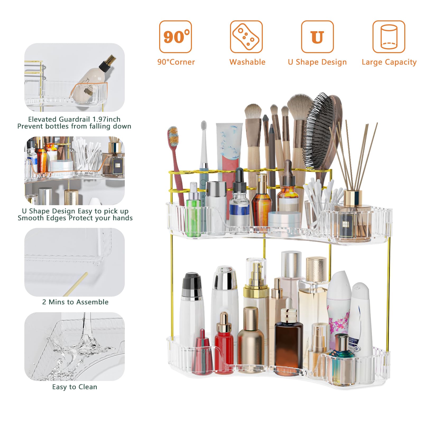 Webetop Eck-Make-up-Organizer für Schminktisch, 2-stöckig, Badezimmer-Kosmetik-Organizer, Arbeitsplatte mit Make-up-Pinselhalter, Eck-Theke, Aufbewahrung, Hautpflege-Organizer für Badezimmer, Kommode,