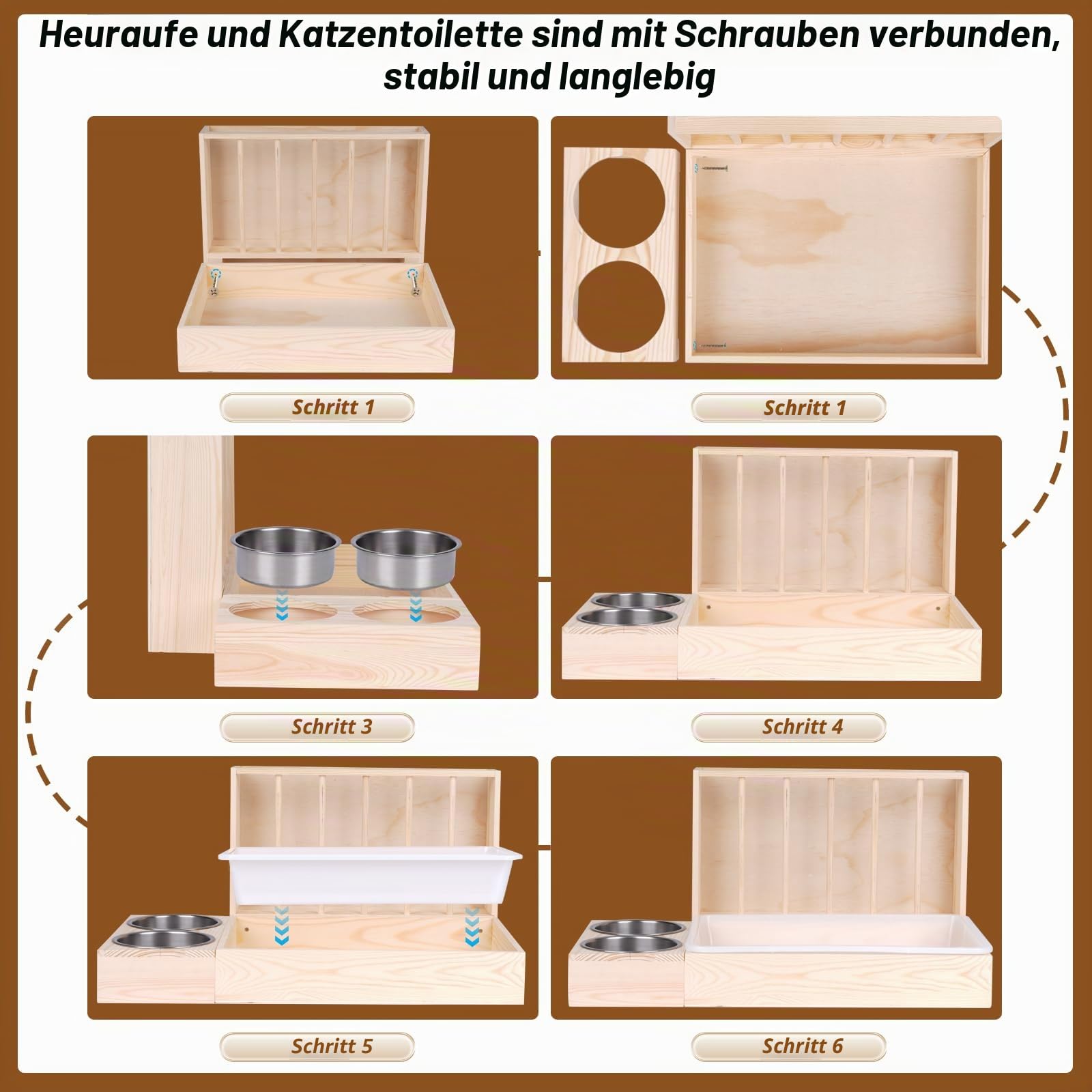 3 in 1 Heufutterstation für Kaninchen mit Katzentoilette und Futterschalen aus Holz für kleine Haustiere Heufutterstation Heufutterspender für Kaninchen Hamster Meerschweinchen