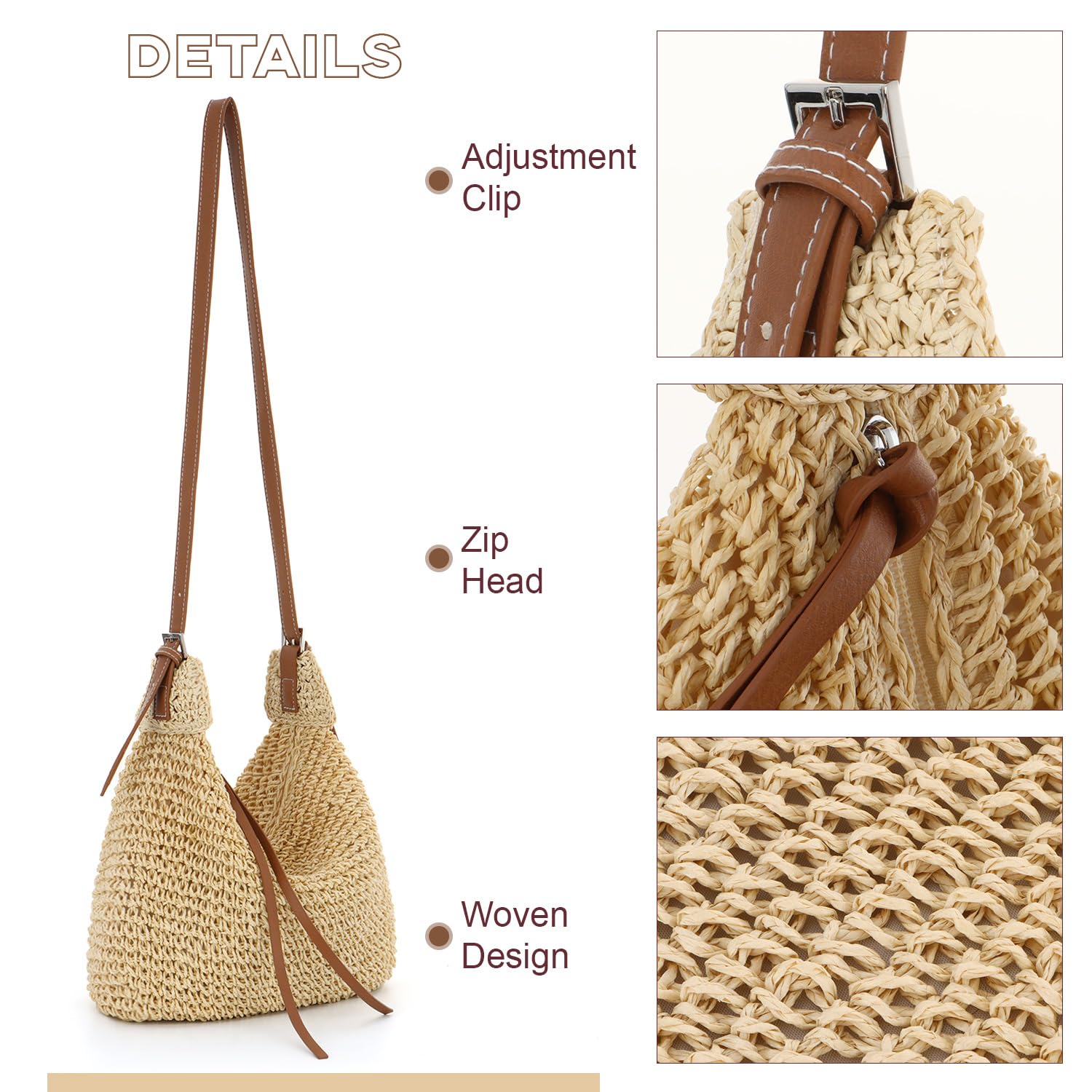 EVEOUT Sac bandoulière en Paille pour Femme Boho Sac d'été Léger en Raphia Tissé avec Sangle Réglable pour Plage Vacances(Beige)