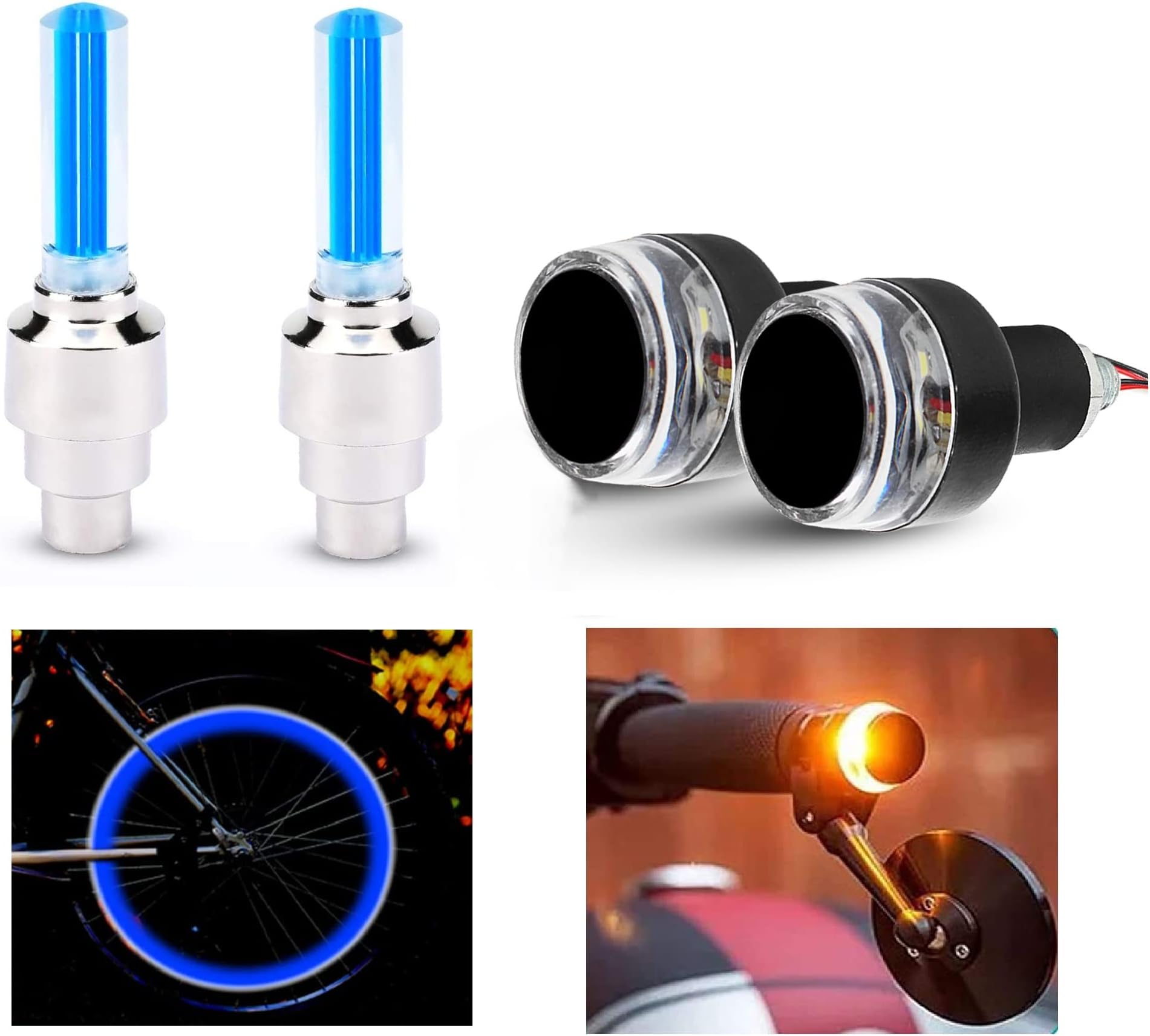 RIDERSCART Universal Bike Handle Bar LED Turn Signal Indicators Dual Color Lights with LED Light Motion Sensor Fancy Blue Tyre Light for All Bikes/Cars (White/Yellow & Tyre Light)
