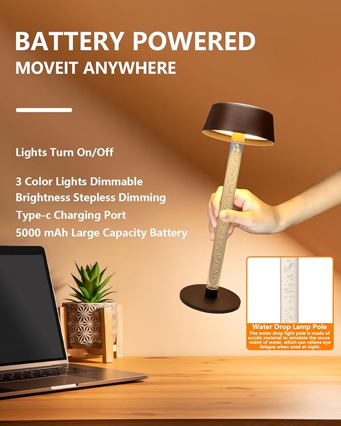 Snotme Cordless Table Lamps Set of 2,Lava lamp,Bubble stem,Water Droplet stem,Crystal Effect,5000mAh Battery Operated, 3 Color Stepless Dimming Up, for Restaurant/Bedroom/Bars/Outdoor Party/Camping/Coffee photo 6