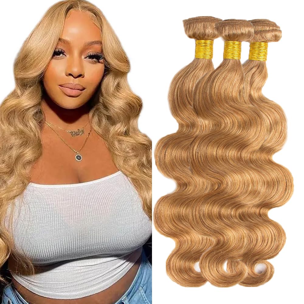 Jucames Body Wave Bundles Human Hair Double Weft 26 28 30 Inch #27 Honey Blonde Virgin Unprocessed Human Hair Extensions Weave 3 Bundles Total 150g