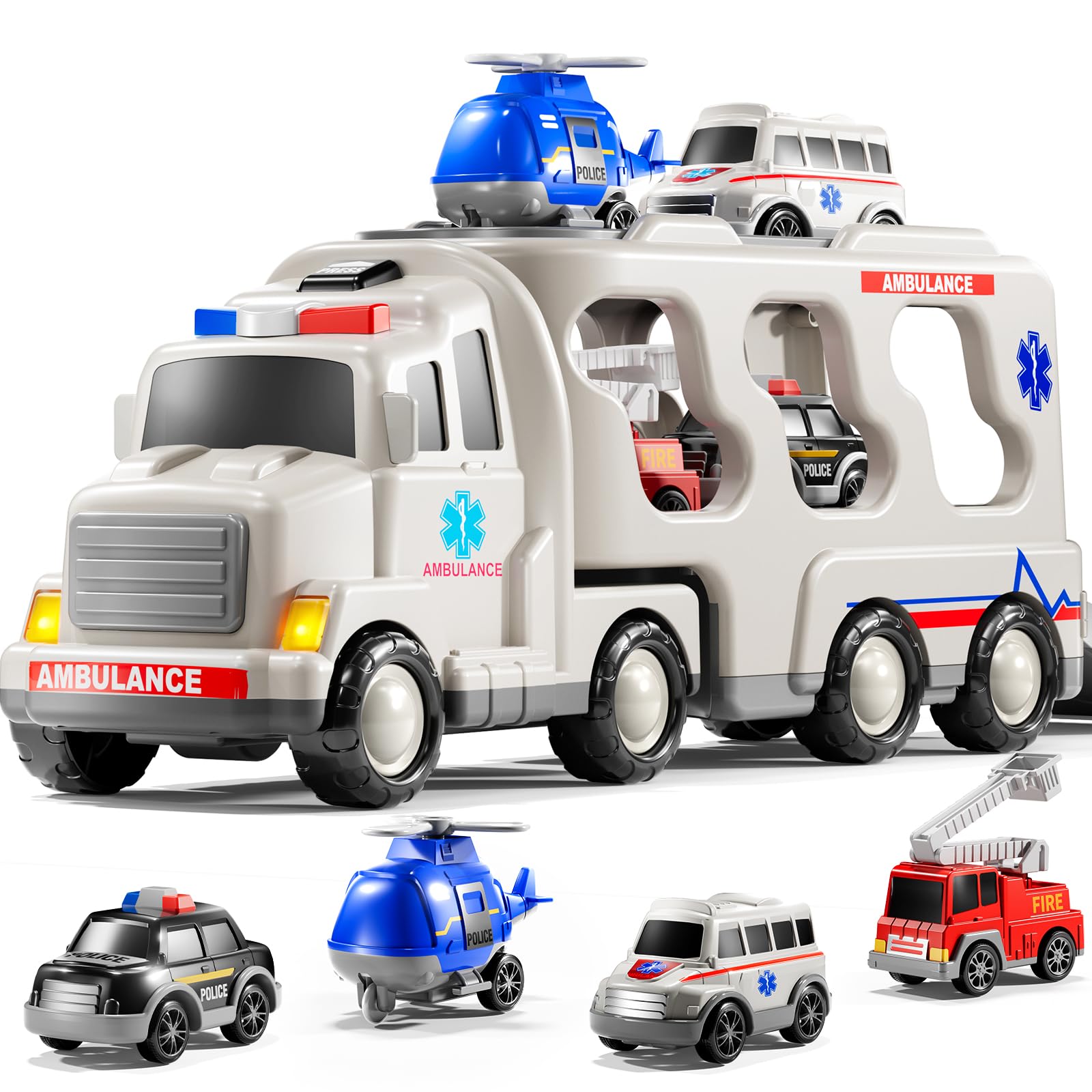 DULONIME 5-IN 1 Play Ambulance Toy Vehicle Toddler Truck Toys for 3 4 5 6 7 Year Old Boys - Friction Powered Cars with Light and Sound, Police Car, Fire Truck, Ambulance Car, birthday gifts for kids